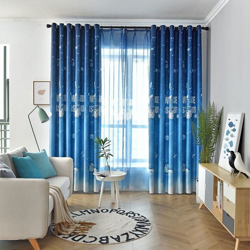Tenda Oscurante Stampata Con Motivo A Cartoni Animati Blu Dello Spazio, Su Misura Per La Camera Dei Bambini.