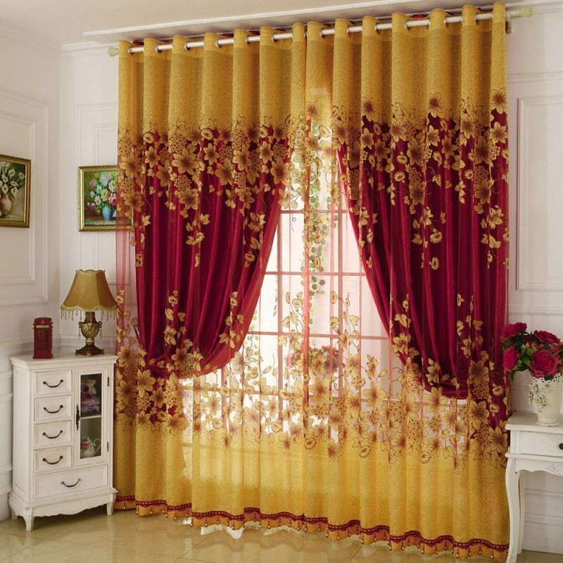 Tenda Trasparente Stile Country Americano, Su Misura, Con Motivo A Rami Di Fiori In Jacquard, Per La Camera Da Letto