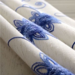 Tenda Semplice Americana Su Misura, Tessuto Di Lino E Cotone Morbido Isolante Con Ricamo Blu.
