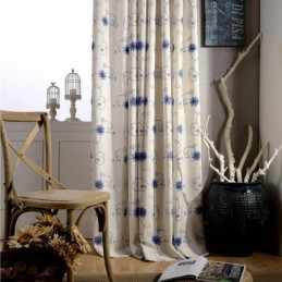 Tenda Semplice Americana Su Misura, Tessuto Di Lino E Cotone Morbido Isolante Con Ricamo Blu.