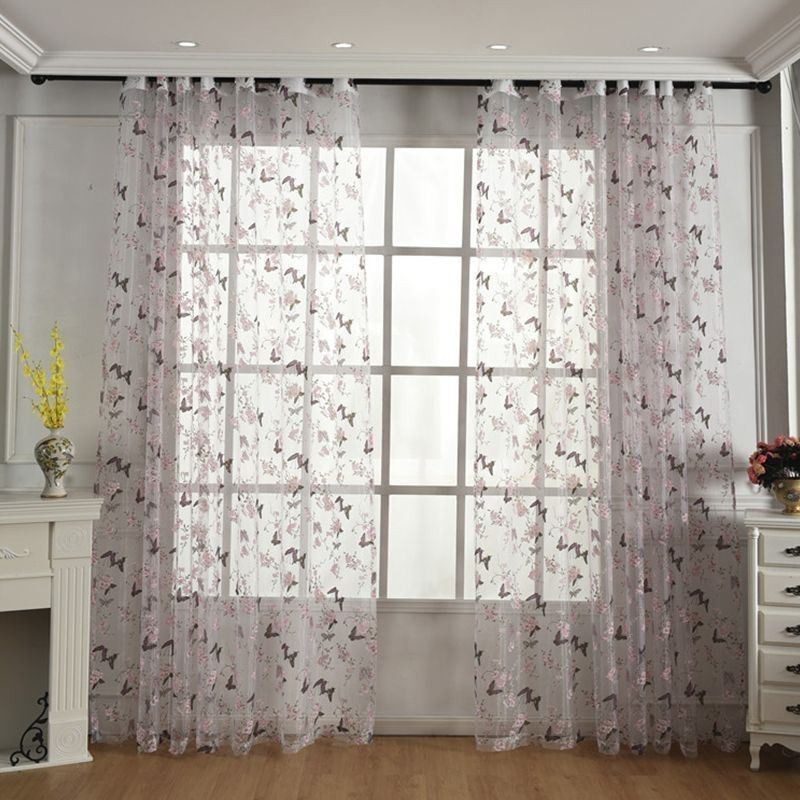 Tende In Tulle Con Stampa A Fiori E Farfalle, Tende Decorative In Voile, Tende Su Misura