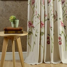 Tenda Oscurante Moderna In Lino Su Misura, Tenda Minimalista Con Fiori Rossi Ricamati