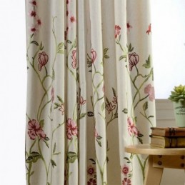 Tenda Oscurante Moderna In Lino Su Misura, Tenda Minimalista Con Fiori Rossi Ricamati