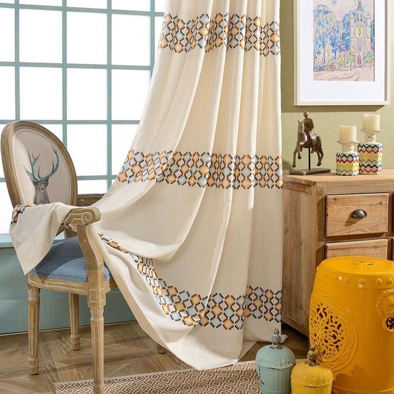 Tenda Oscurante In Cotone E Lino Su Misura, Motivo Nordico Geometrico Ricamato Per Soggiorno E Camera Da Letto