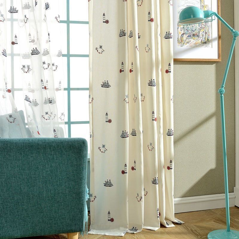 Tenda Oscurante In Cotone Per Bambini, Su Misura, Con Motivo A Vela E Faro Ricamato