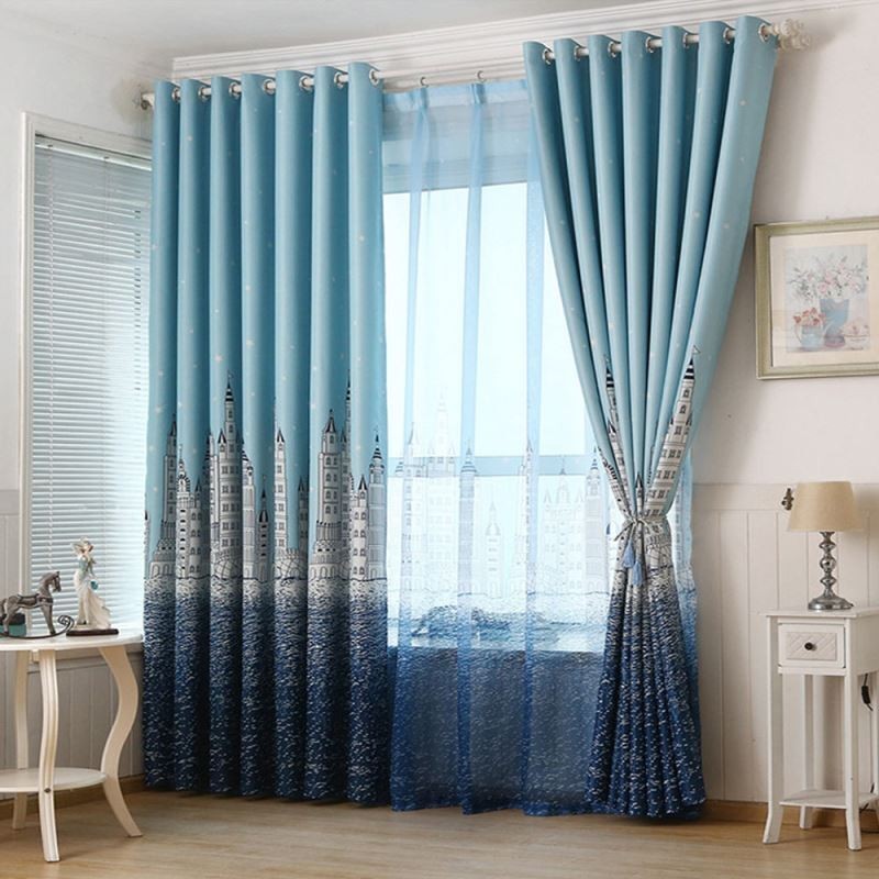 Tenda A Stampa Blu Con Motivo Castello, Su Misura, In Stile Nordico, Popolare, Per Camera Da Letto E Cameretta Dei Bambini.