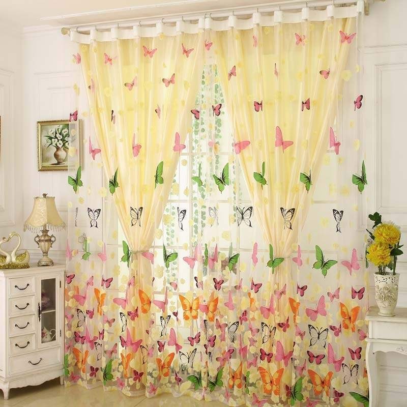 Tenda Trasparente Romantica Rurale Su Misura, Stampa Di Farfalle Colorate, Tessuto Traspirante E Rispettoso Dell'Ambiente.