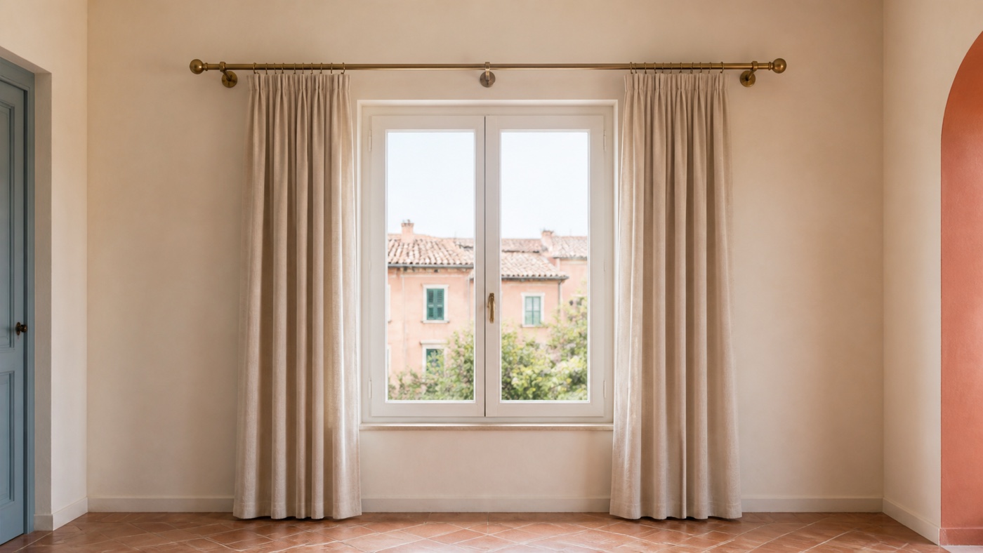 Finestra con bastone completo, staffe, terminali e tende aperte ai lati